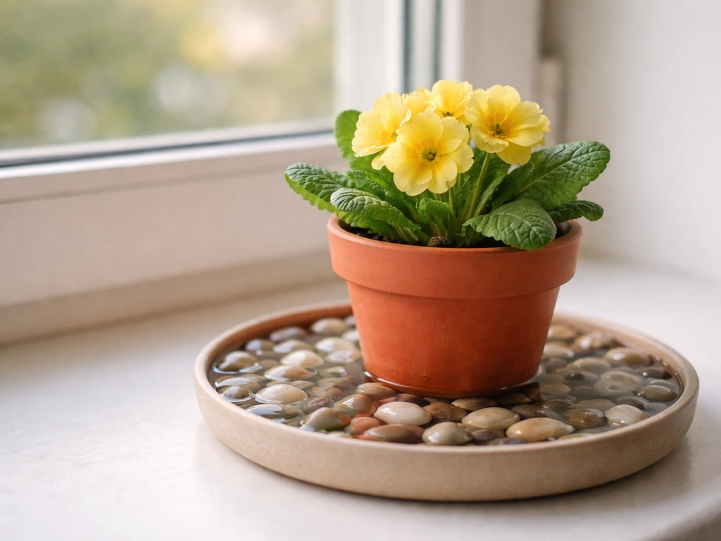 Primula in a pot sitting above a pebble water tray, with leaves and crown kept dry.