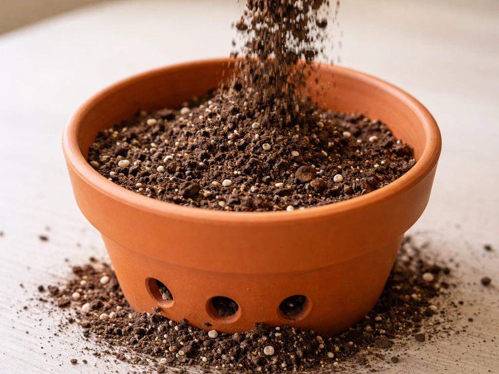 Close-up of a plant pot with drainage holes and loose, well-draining potting mix being filled