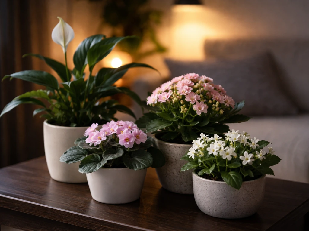 Low-light indoor flowering plants with soft ambient glow, showing blooms without direct sunlight.