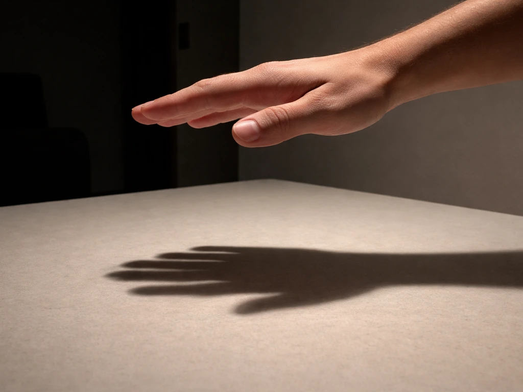 Close-up of a hand holding above a surface in a dim room, showing a clear light shadow boundary