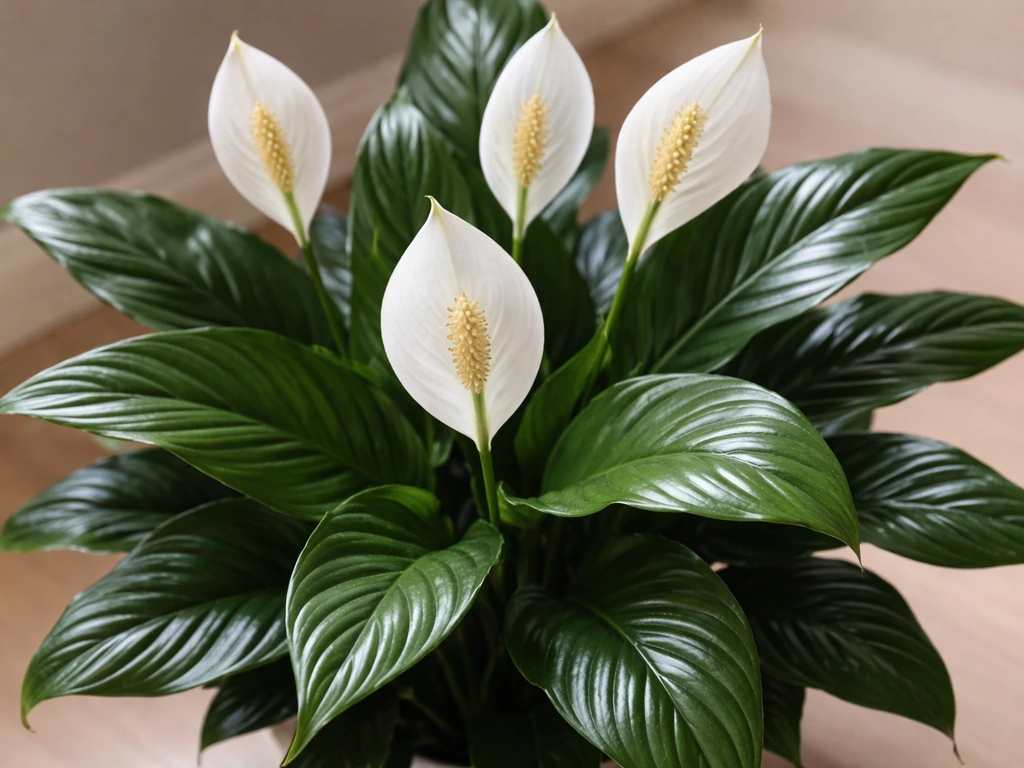 Peace lily with white blooms against dark green leaves indoors, photographed from above at an angle.
