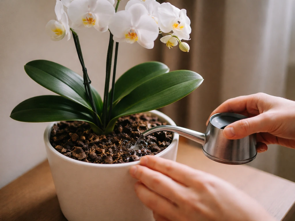 Hand watering a potted moth orchid gently, checking soil moisture at the base in soft low light.