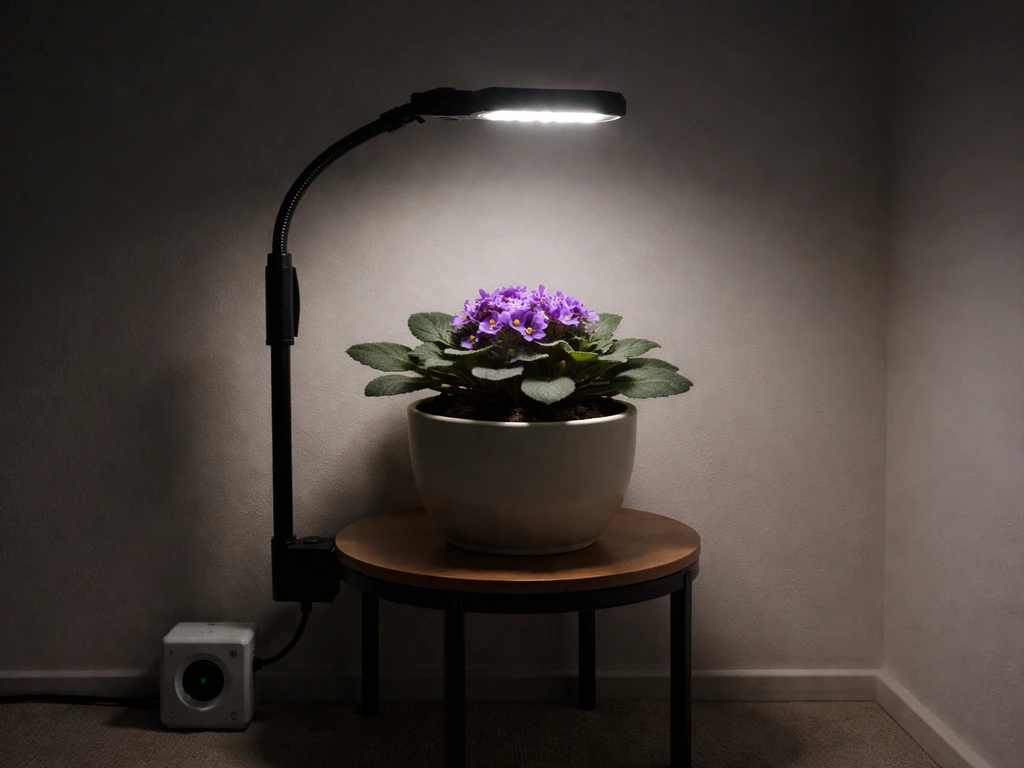 Small LED grow light above a flowering plant, with a simple timer on the floor in dim room light.
