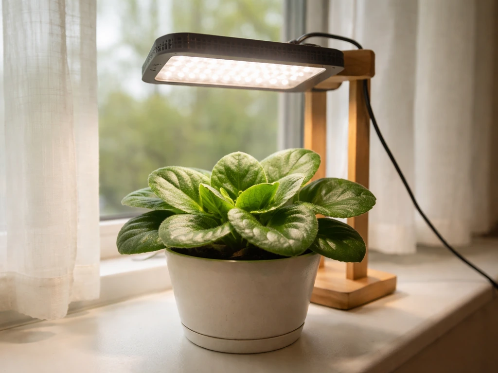 African violet on a windowsill with a grow light above, leaves healthy but no blooms.