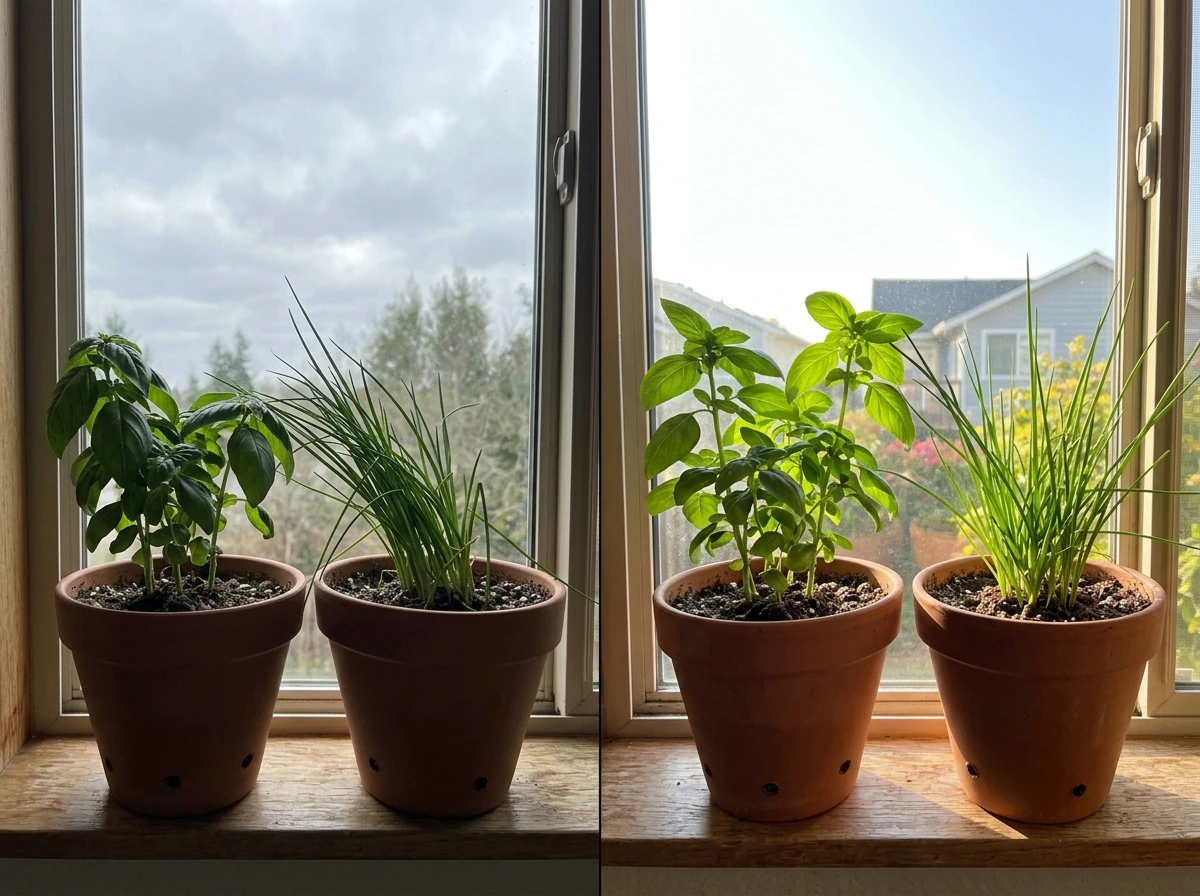 Side-by-side herbs in north vs east windows showing light difference