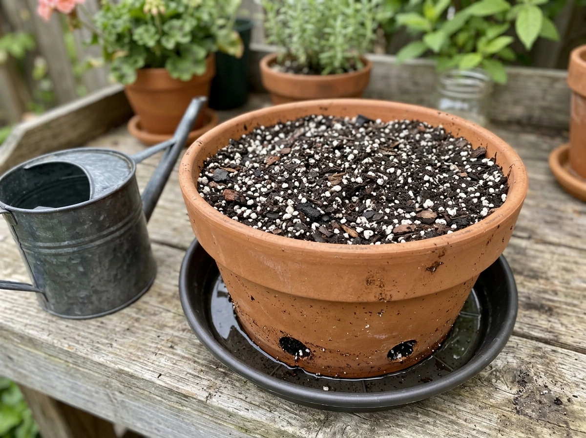 Herb pot setup with drainage tray and well-draining soil mix