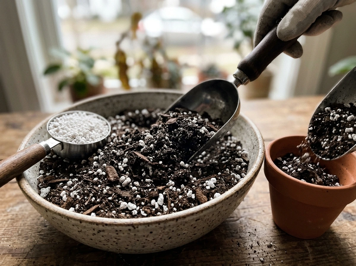 Mixing well-draining potting soil with perlite for indoor herbs