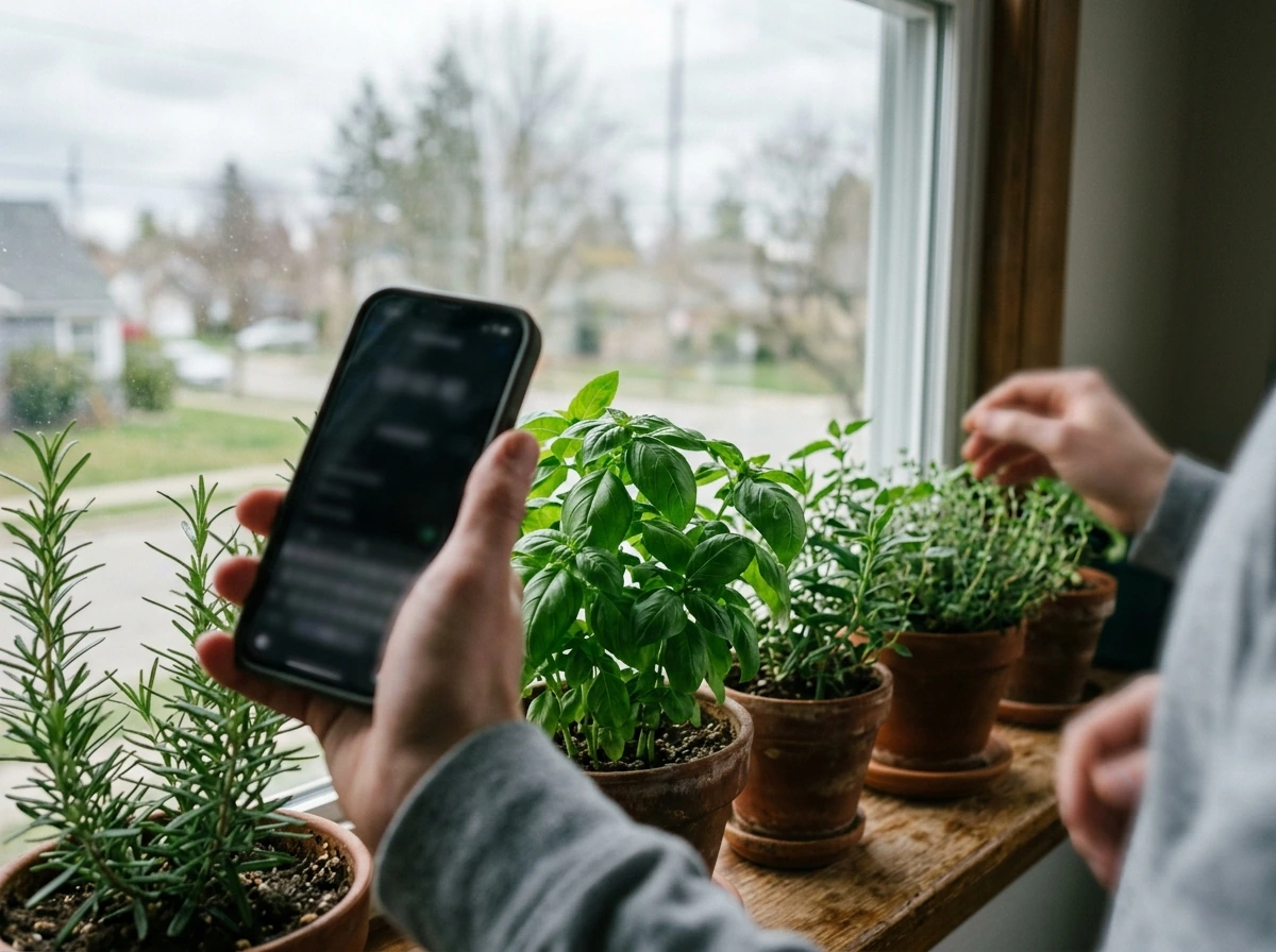 Using a light meter near north-window herbs to check light levels