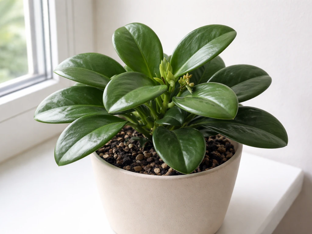 Healthy hoya plant with thick waxy leaves thriving on a bright windowsill in a pot.