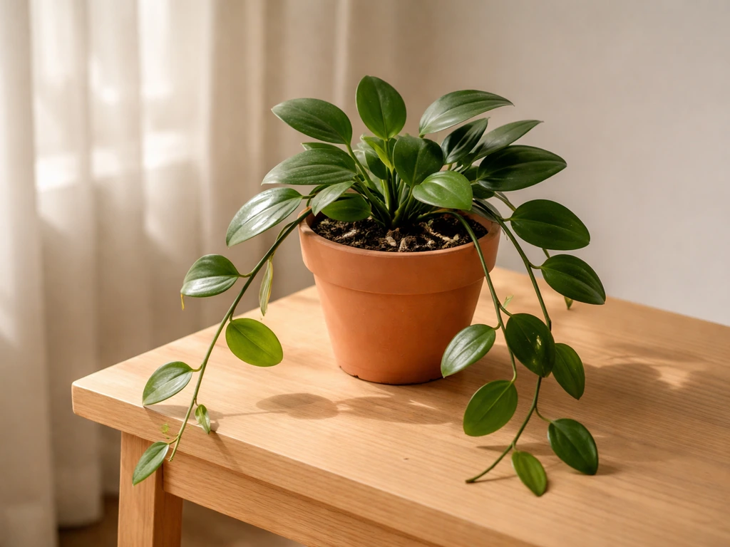 Indoor hoya with thick waxy leaves and trailing vines in soft filtered daylight
