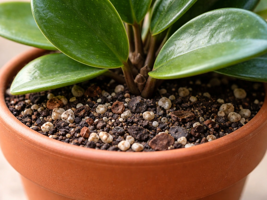 Close-up of a hoya in a pot with drainage holes and fast-draining soil mix, highlighting proper drainage