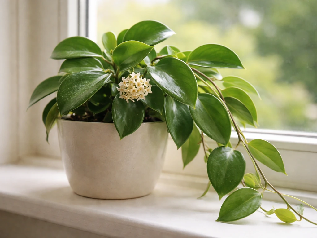 Healthy indoor Hoya carnosa with thick leaves and a small cluster of waxy blooms on a windowsill
