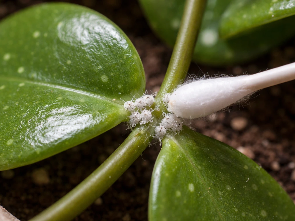 Macro view of white cottony mealybugs on hoya leaf joints with a cotton swab treating them