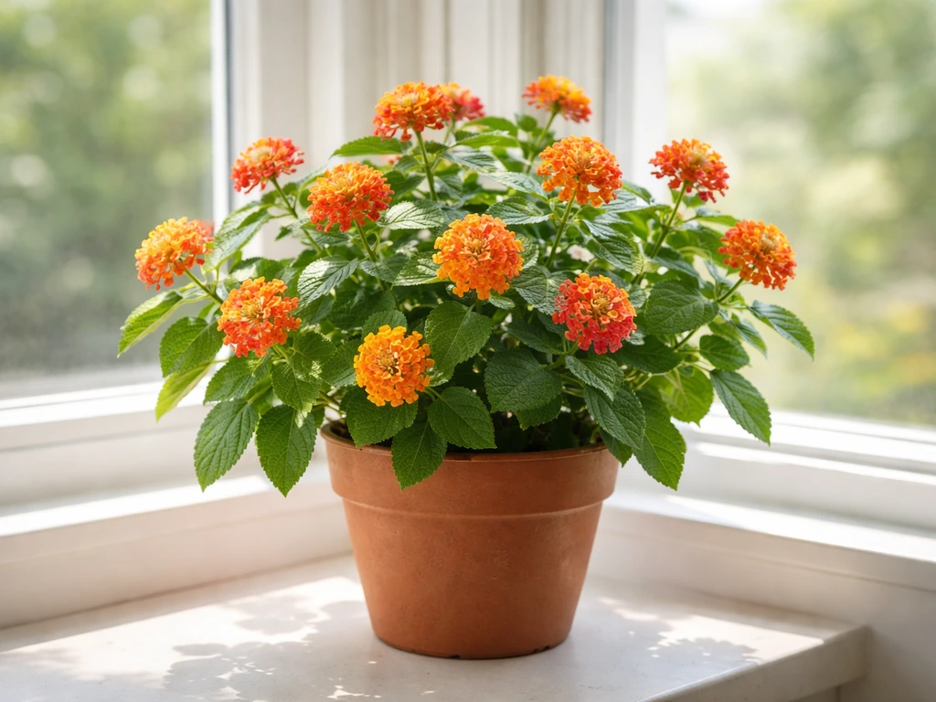 Vibrant indoor lantana in bloom by a bright window in a simple pot.