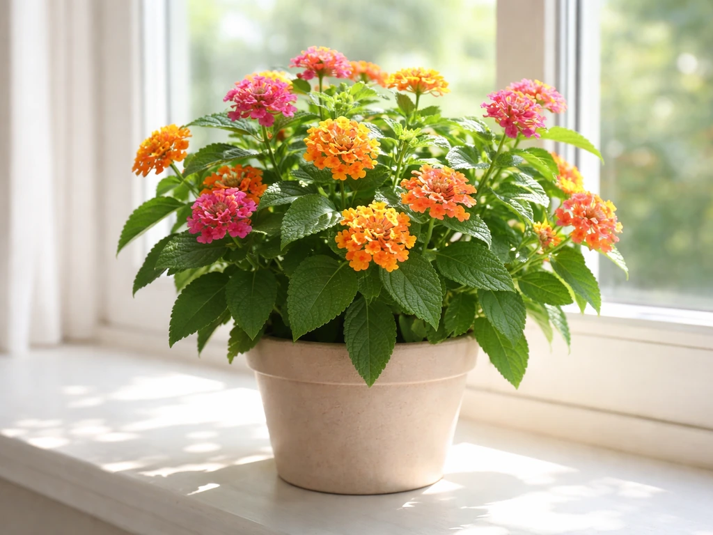 Close-up of a healthy lantana plant on a windowsill beside bright daylight, showing indoor light placement
