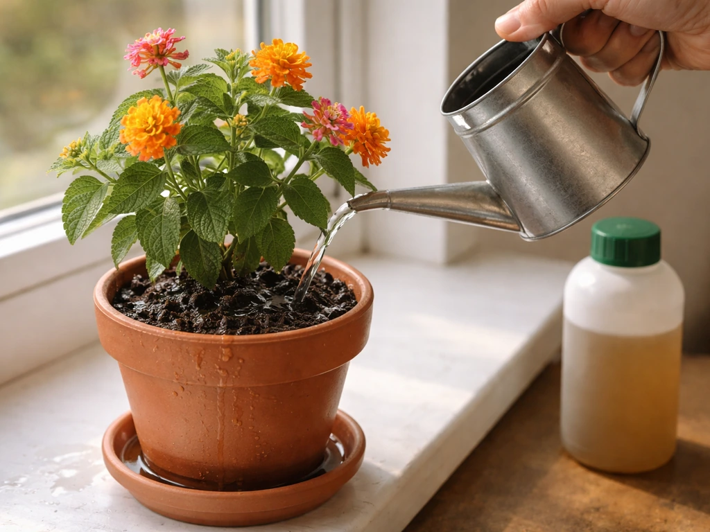 Indoor lantana on a windowsill as water is poured from a watering can, with fertilizer bottle nearby.