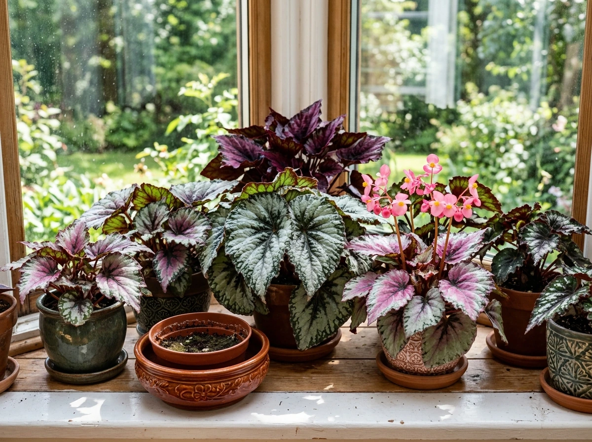 Healthy indoor begonia plants thriving near a bright window