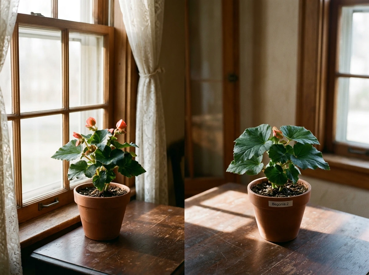 Begonias placed in different window spots to compare light levels