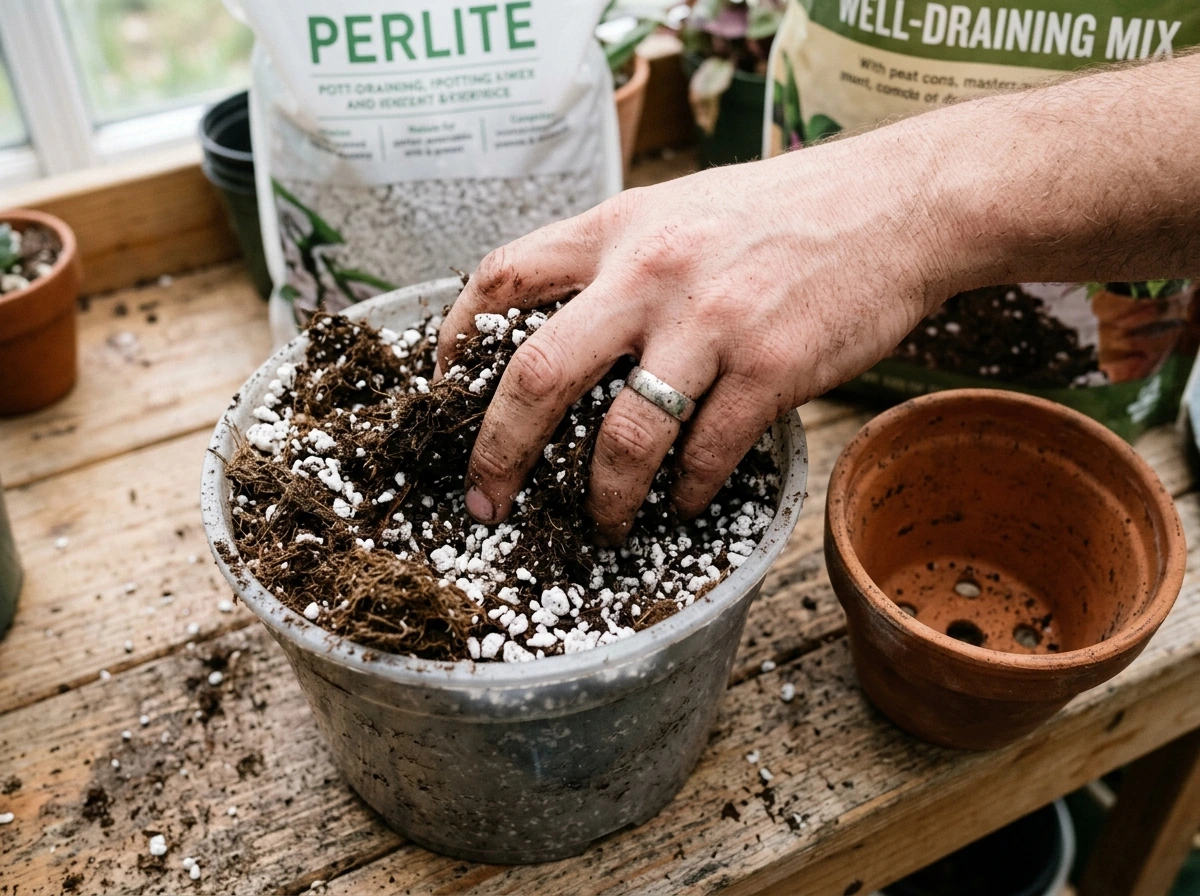 Mixing well-draining potting mix with perlite for indoor begonias