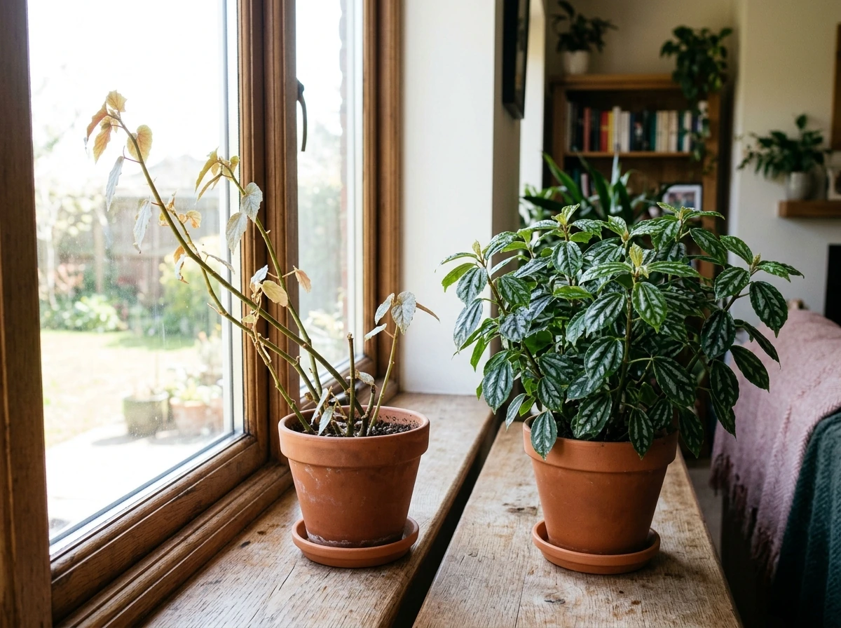 Leggy, stretched begonia growth showing insufficient light and the fix