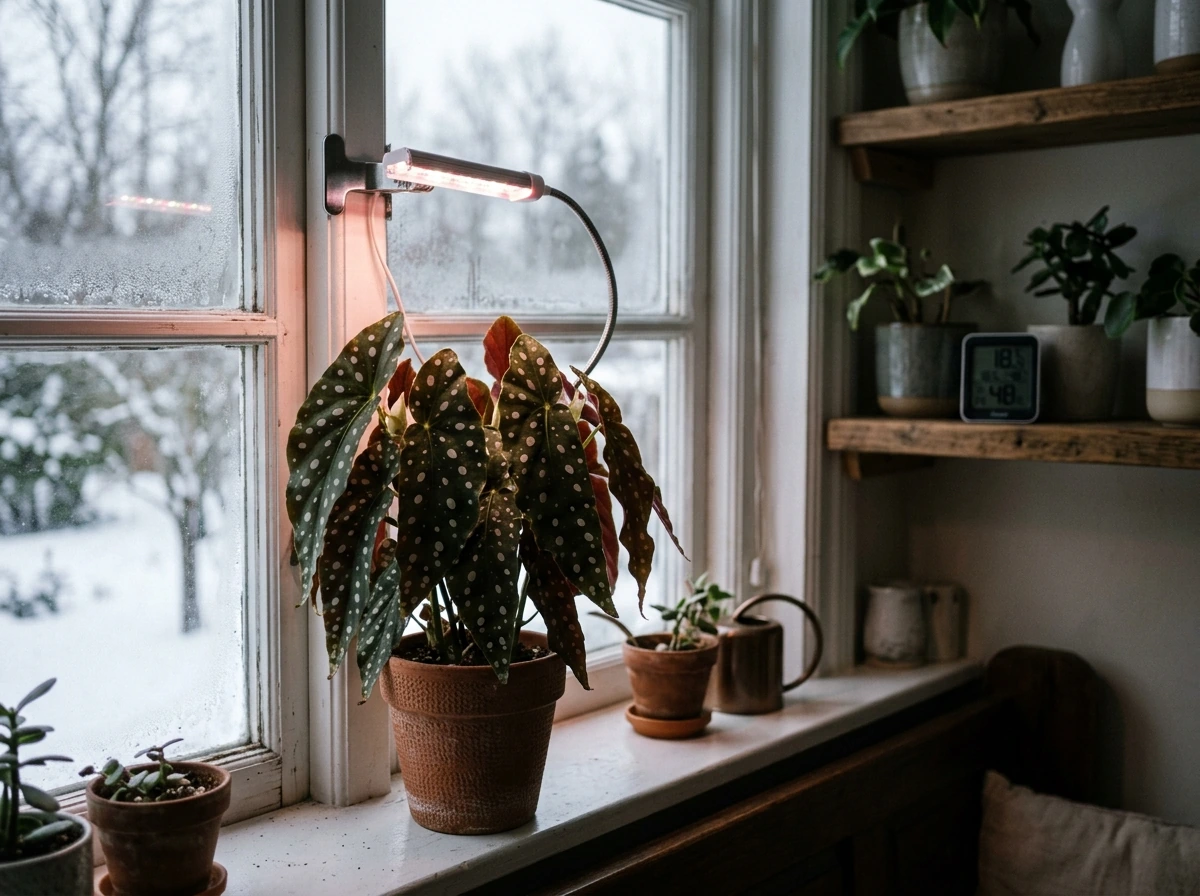 Begonia getting winter light support from a grow light near the window