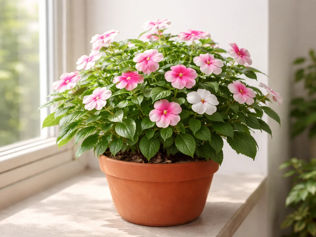 A busy lizzie plant with colorful blooms thriving on a bright indoor windowsill.
