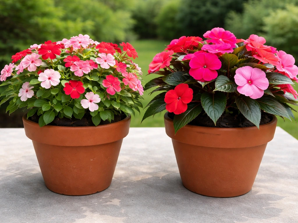 Two potted busy lizzies side by side: bedding impatiens with small blooms and New Guinea impatiens with thicker leaves.