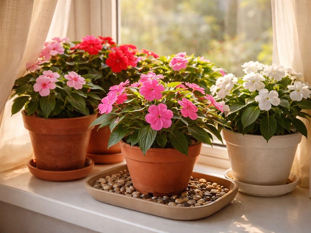 Warm indoor windowsill with busy lizzies and a subtle humidity tray setup near the pots