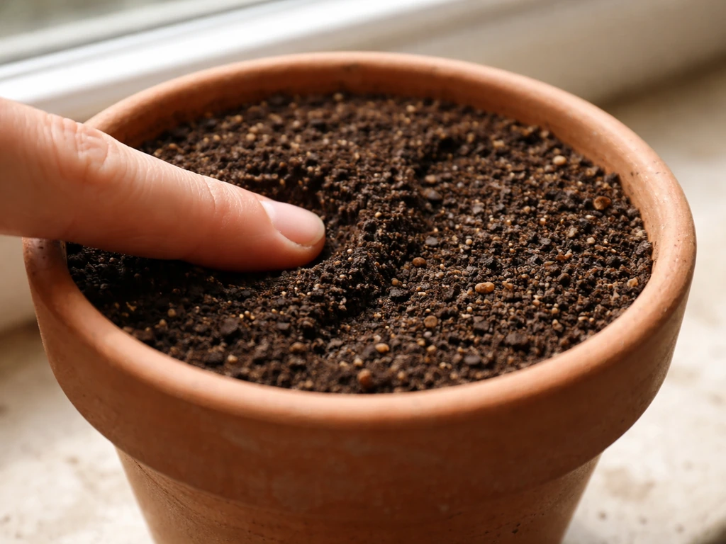 Close-up of a finger checking moisture in well-draining potting mix, damp but not soggy.