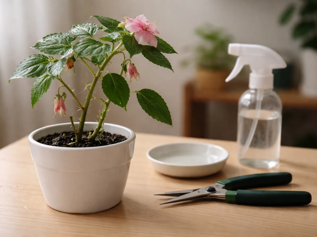 Potted busy lizzie on a table showing leggy growth, dropped buds, and subtle spider mite webbing with spray tools.