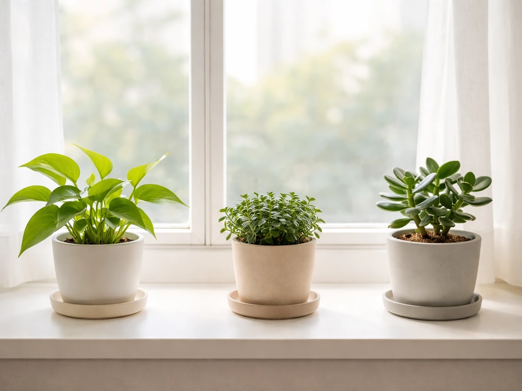 Three different indoor plants on a sunny windowsill showing light tolerance, compact growth, and drought tolerance.