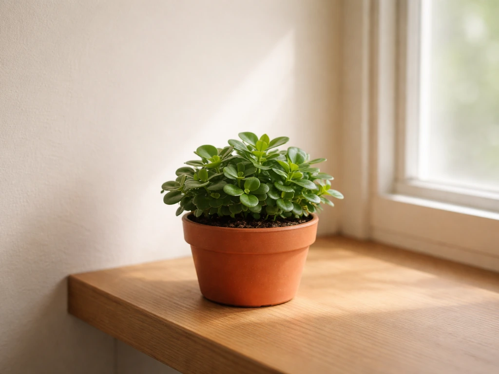 Compact slow-growing indoor plant in a small pot on a sunny wooden windowsill.