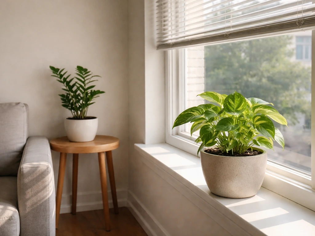 Two potted plants placed at different distances from a window to show light matching for plant needs.