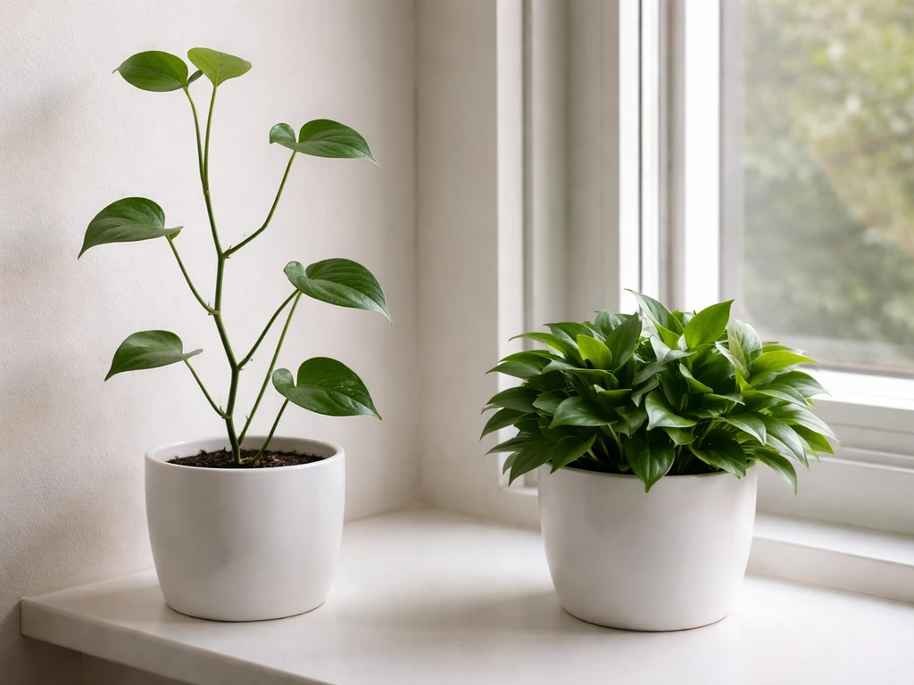 Two indoor plants on a windowsill showing etiolation on one and compact new growth on the other.