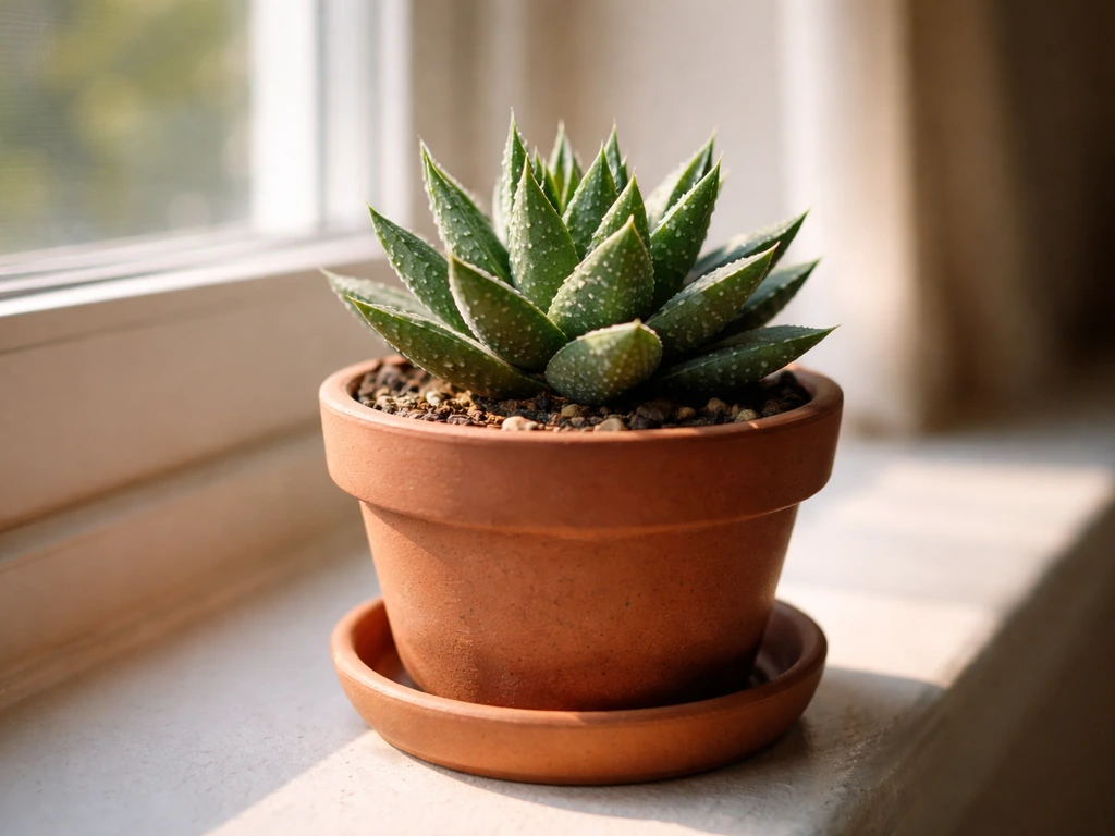 Haworthia in a small terracotta pot on a bright windowsill with clear rosette leaves and indoor light