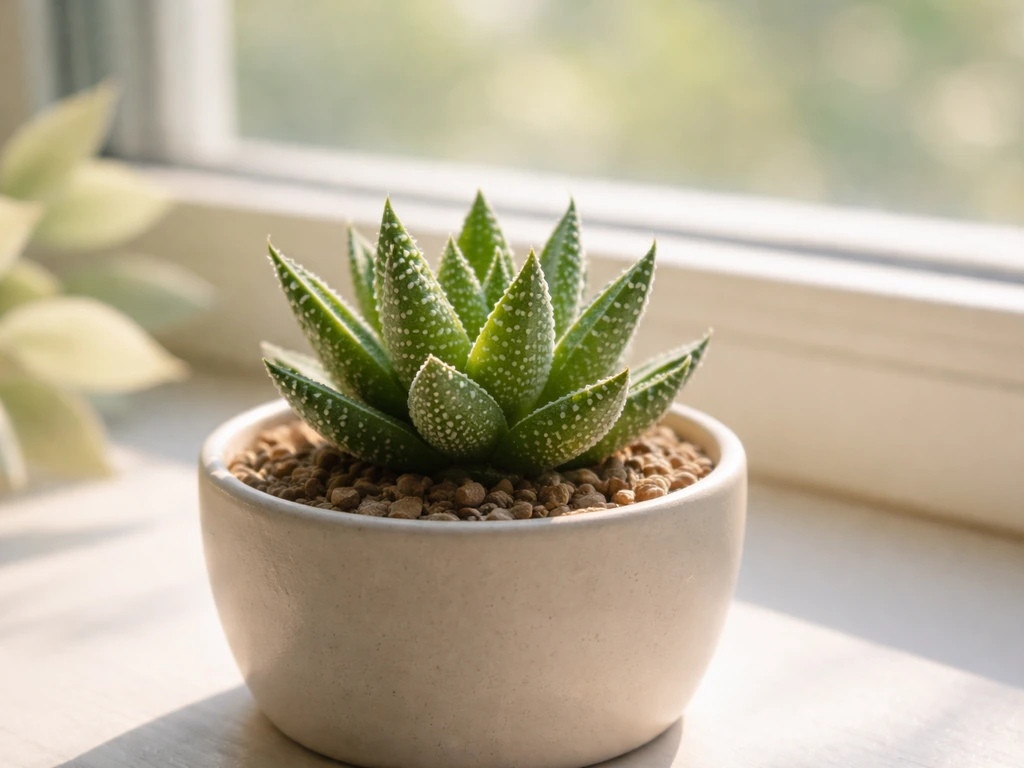 Haworthia succulent in a pot on a bright windowsill with natural indirect light and soft background blur.