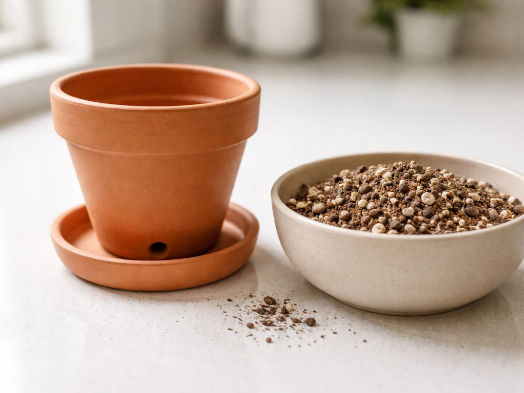 Terracotta pot with drainage hole and dry saucer beside a fast-draining cactus mix with perlite