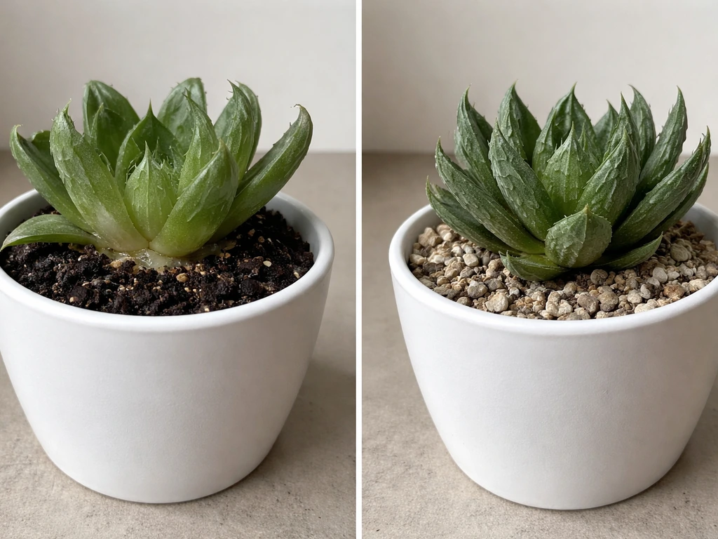 Split image: overwatered Haworthia with mushy translucent base vs underwatered Haworthia with shriveled leaves