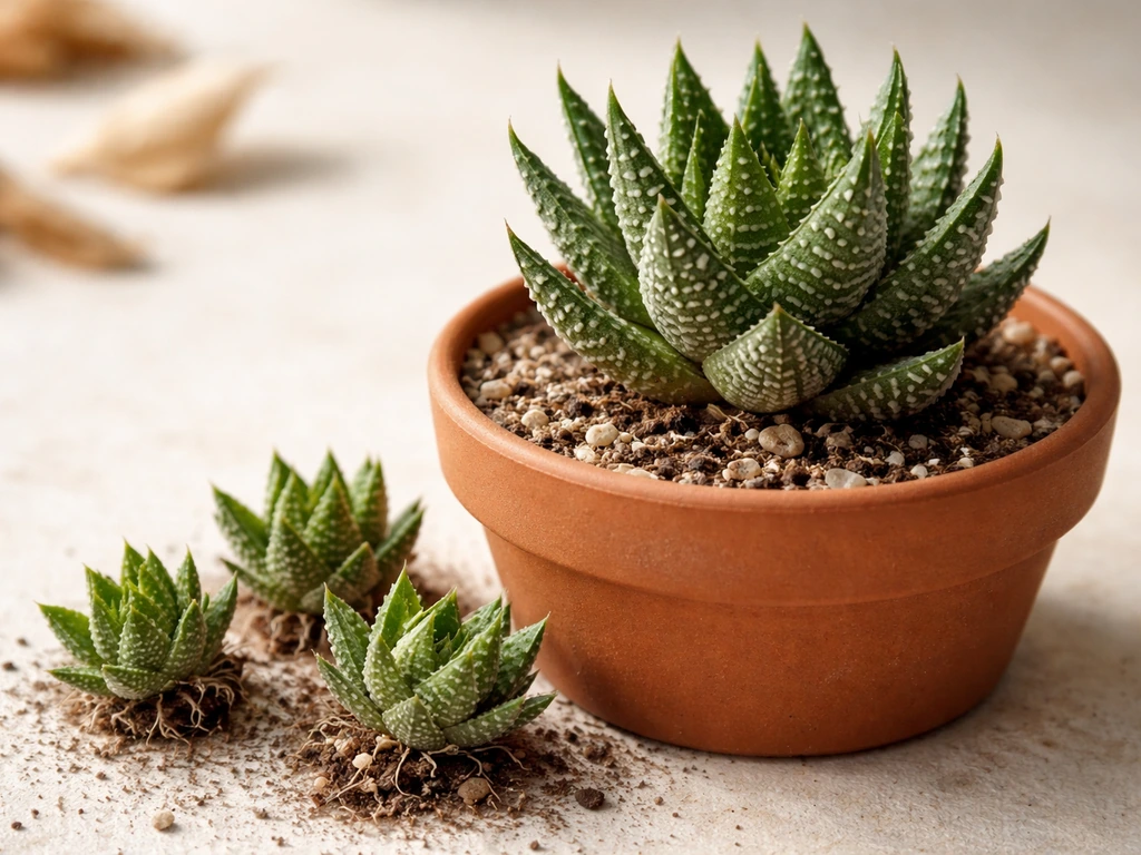Haworthia parent with separated pups beside it, rosette offsets ready to pot, close-up tabletop scene.