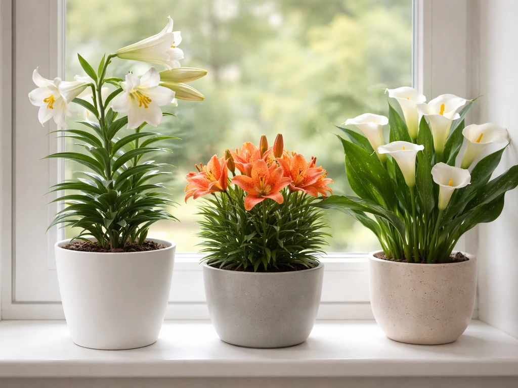 Three different lily-type potted plants on a windowsill, showing indoor-friendly blooms in natural light.