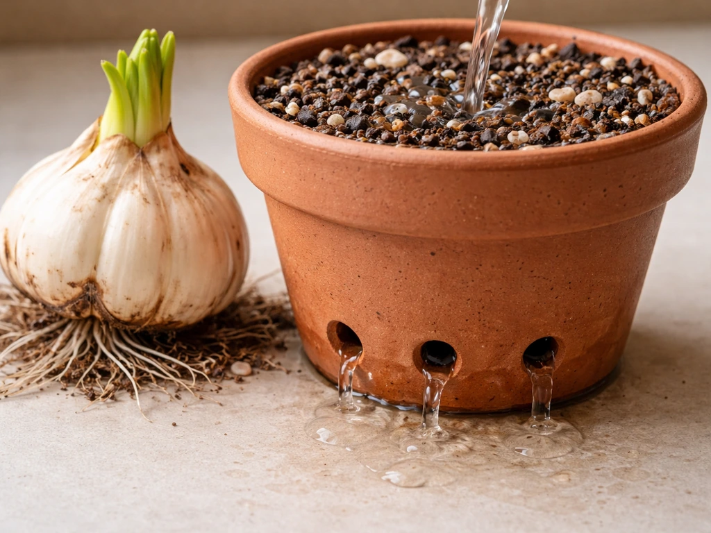 Close-up of a lily bulb in a terracotta pot with drainage holes and loose, well-draining potting mix.