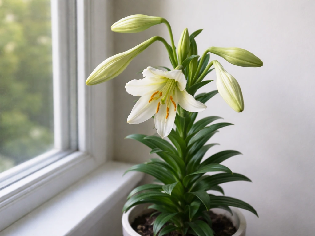 Indoor Easter lily on a windowsill with removed spent blooms and several buds at different stages.