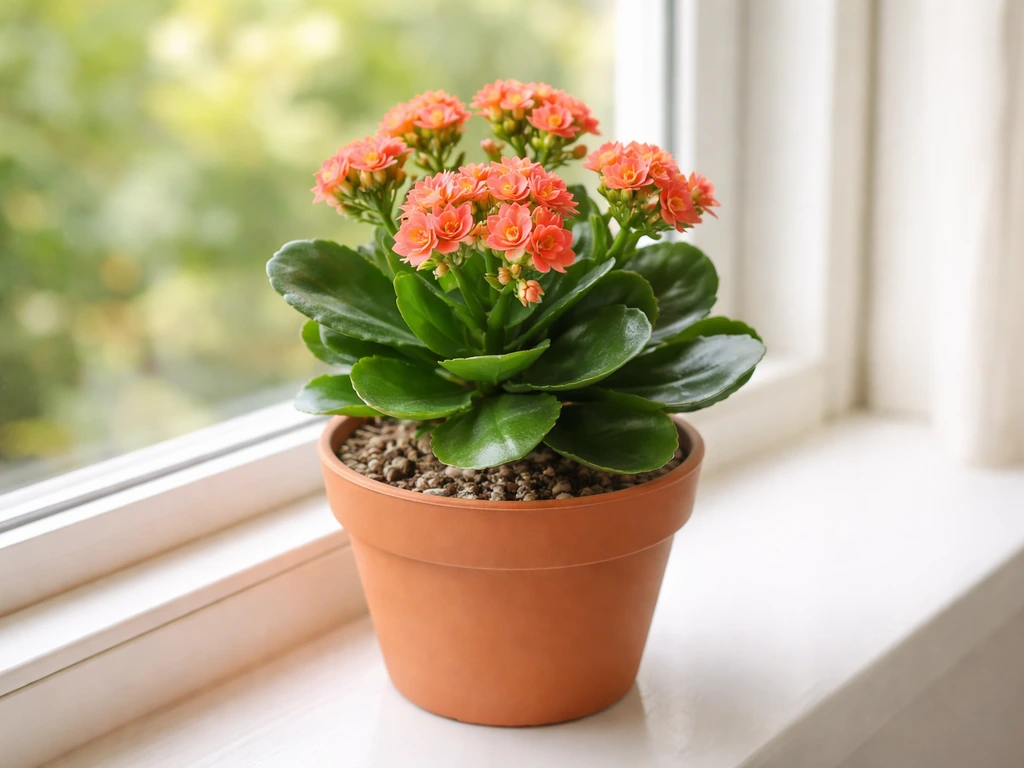 Indoor kalanchoe succulent in bloom on a sunlit windowsill in a simple terracotta pot.