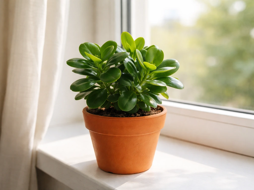 Kalanchoe in a terracotta pot on a sunny windowsill, bright light highlighting compact leaves.