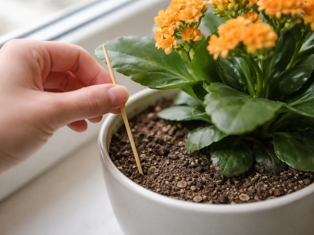 Hand inserts a skewer into kalanchoe soil to check dryness before watering; top soil looks dry.