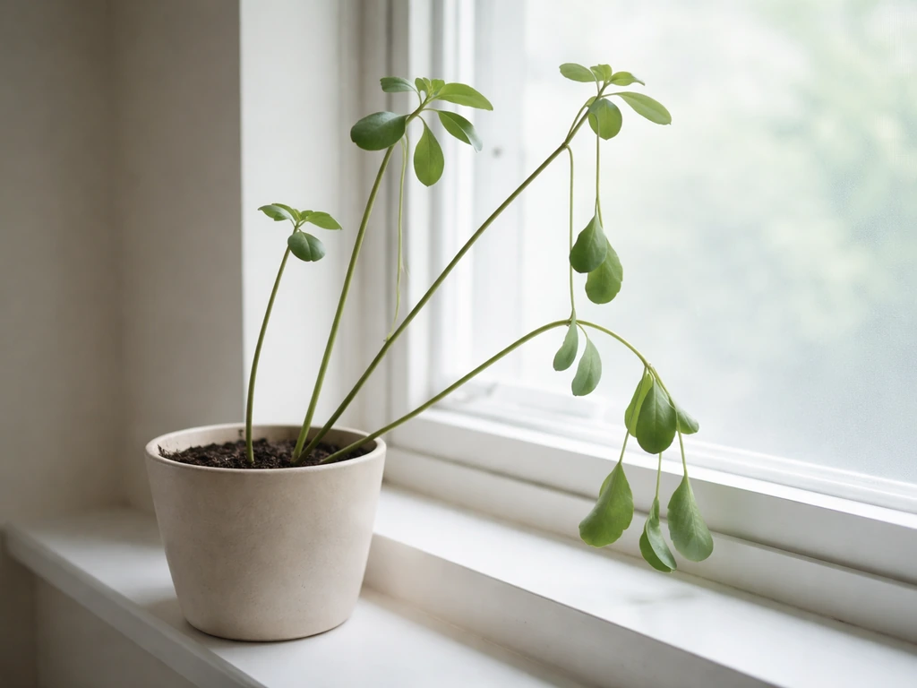 Leggy kalanchoe with long weak stems and widely spaced leaves stretching toward a window for light.