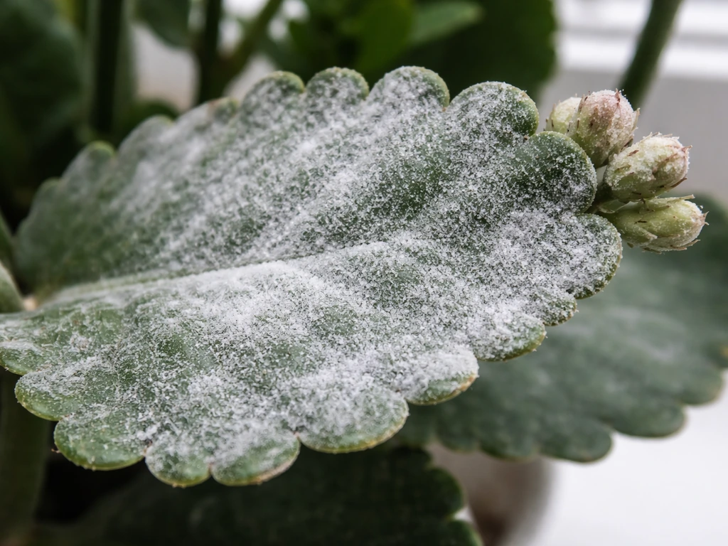 Macro close-up of powdery mildew coating on kalanchoe leaves, dusty white-gray speckles on leaf surface