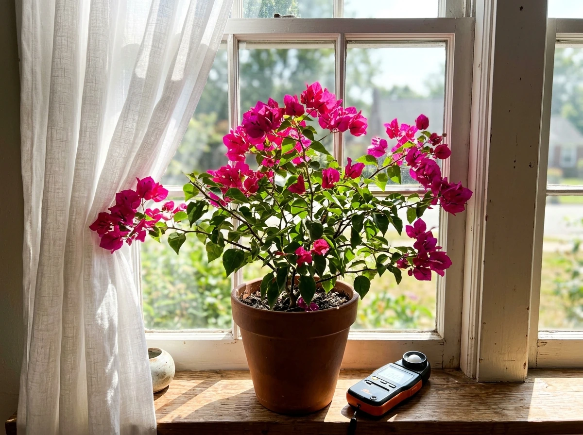 Bougainvillea positioned in front of a south-facing window for maximum indoor light.