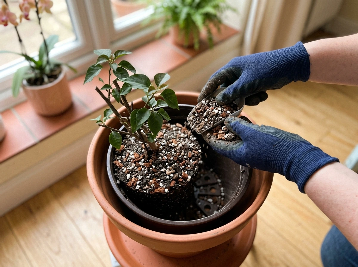 Pot with drainage holes and well-draining soil mix being filled for indoor bougainvillea.
