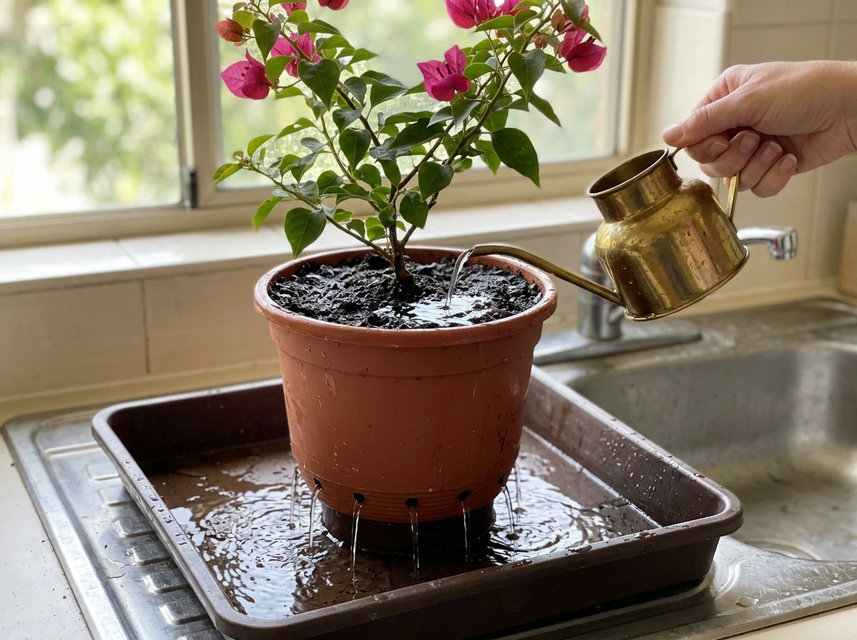 Watering indoor bougainvillea until water runs out through bottom drainage holes.